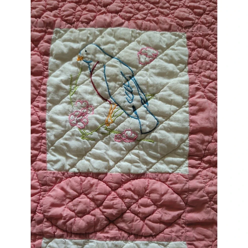 Vintage Handmade Pink & White Embroidered Patchwork Quilt w/Birds & Flowers.